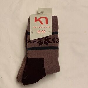 Kari Traa Wool-blend Brown Nordic-inspired Crew length socks NWT 2 pair pack